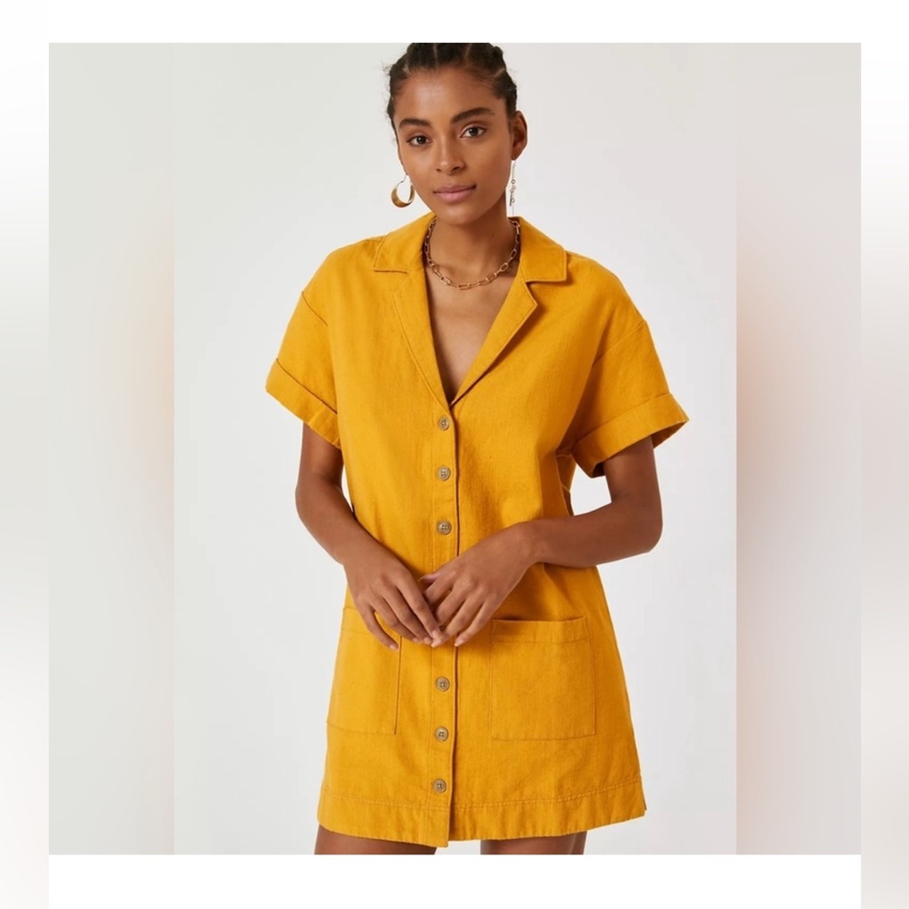 Anthropologie Pilcro Button Down Shirt Dress Pocket Short Sleeve Yellow Small